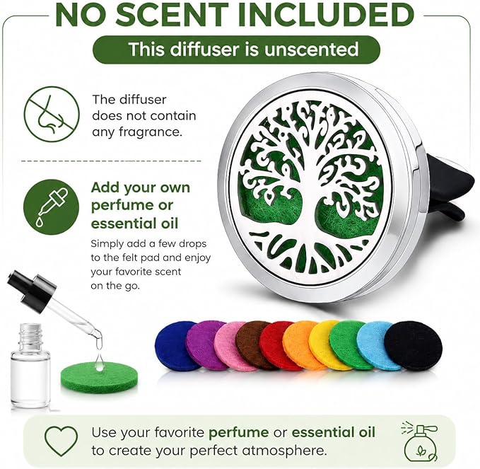 2PCS 30mm Car Aromatherapy Essential Oil Diffuser Stainless Steel Locket with Vent Clip 30 Felt Pads Tree of Life Pattern (Silverly)