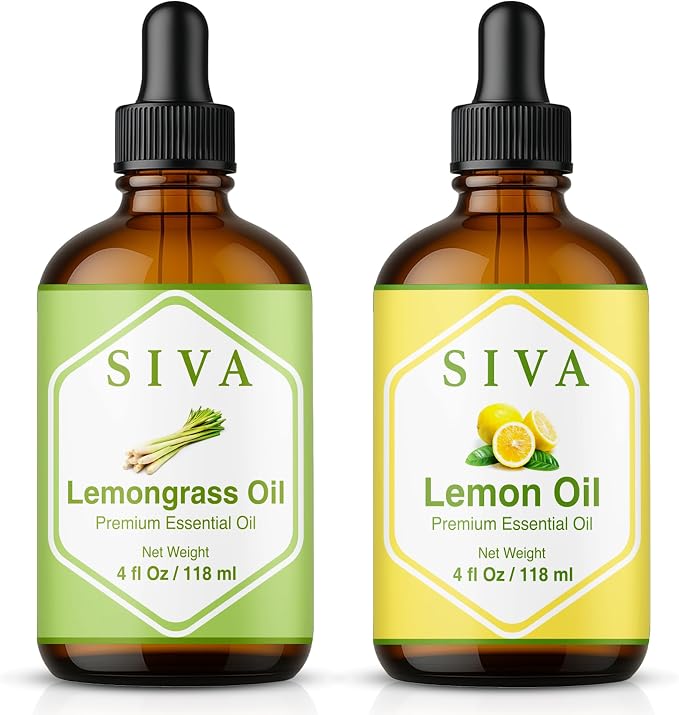 Siva Lemongrass and Lemon Essential Oil 4oz Bundle Super Saver Combo – Premium Grade Value Set for Aromatherapy, Skincare and Haircare