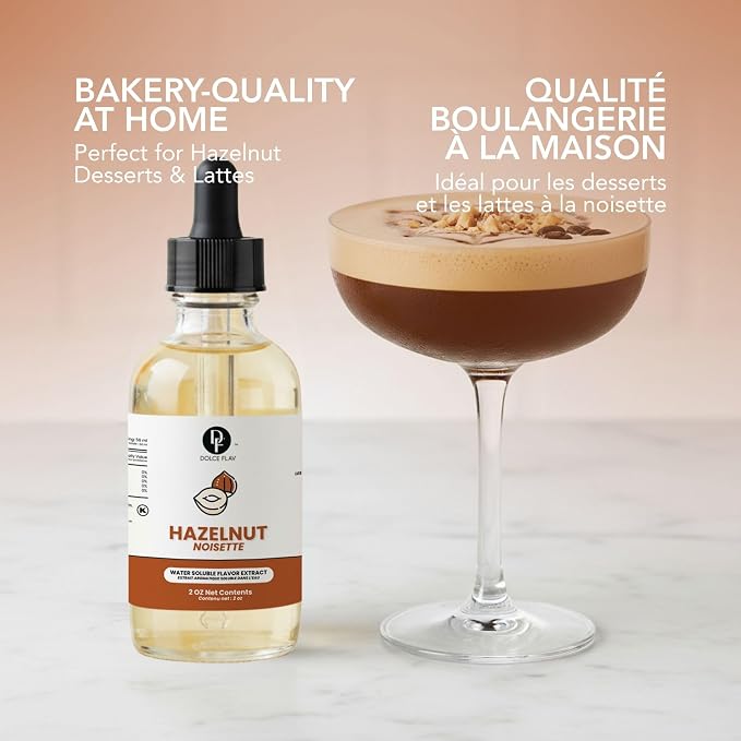 Dolce Flav Natural Hazelnut Extract – 2 Ounce Water-Soluble Kosher, Sugar-Free, Concentrated Toasted Hazelnut Flavoring for Coffee, Baking & Desserts, Includes Measured Dropper
