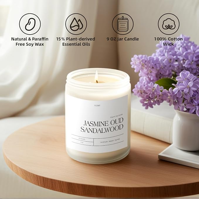 Jasmine, Oud & Sandalwood Scented Candles for Home, Natural Soy Wax Aromatherapy Non Toxic Candle Gifts for Women Men, Home Fragrance Decoration Glass Jar Candle for Relaxation (9oz White
