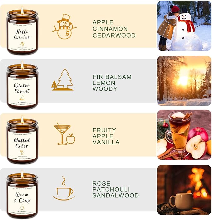 4 Pack Candles for Home Scented, 28oz Soy Candle Set, Scented Candles with Apple Cinnamon, Fir Balsam, Mulled Cider, Sandalwood – Holiday Candle Gifts for Women, Mothers, Galentines Day & Cozy Nights