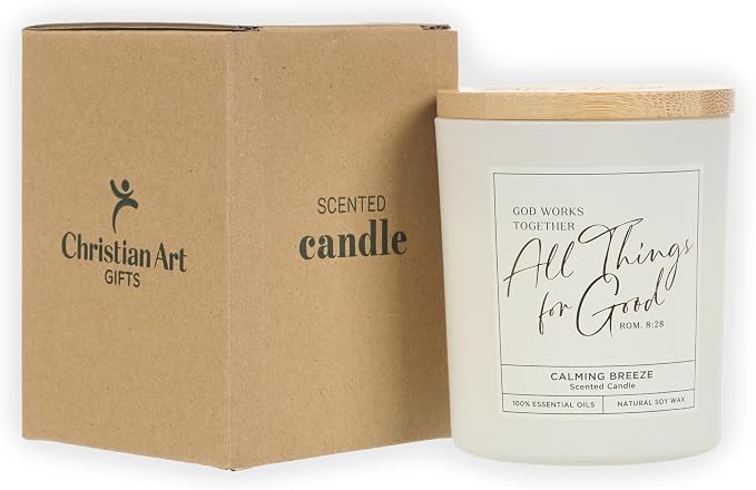 Christian Art Gifts Soy Wax Scented Candle: Romans 8:28 Bible Verse, Calming Breeze Scent, Pure Essential Oils, 4.5 oz, Up to 20 Hours Burn Time, Glass Jar w/Bamboo Lid, Encouragement Gift