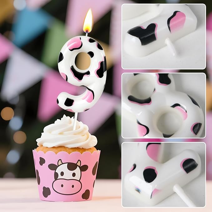 Number 9 Birthday Candle for Cake – Cow Print Design in White Black Pink – Farm Theme & Cowgirl Party Cake Topper Decoration