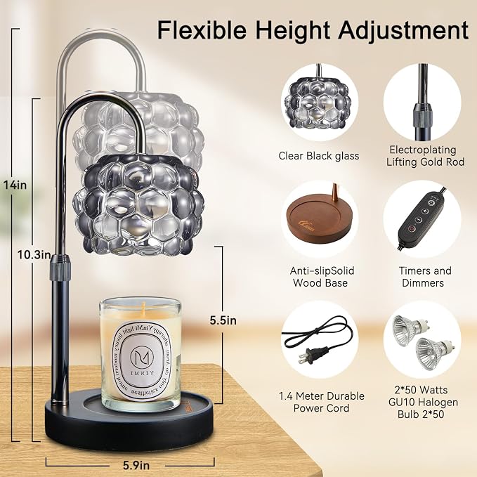Candle Warmer Lamp with Timer Adjustable - Height Candle Warmer, Dimmer, Black Glass Wax Melting Lamps for Home Decor, for Candles in Jars with 2 Bulbs