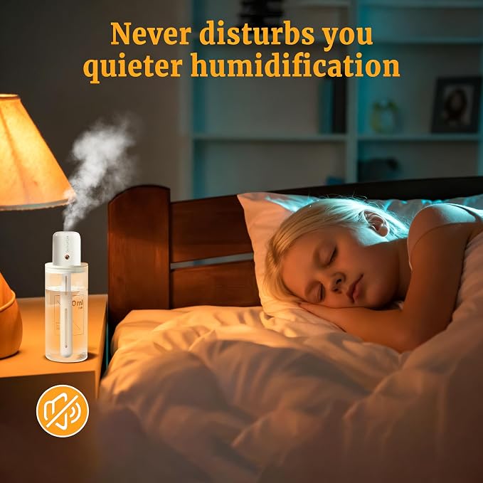 Mini Humidifier, Portable Travel Personal Mist Maker | White, USB Use, Quiet Air Diffuser, Adjustable Length, Small, For Car, Bedroom, Office