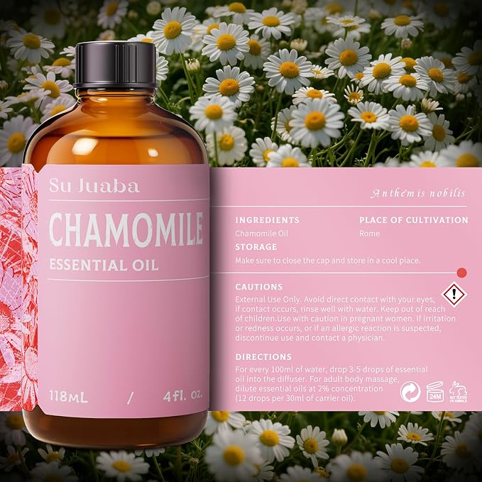 SU JUABA Chamomile Essential Oil 4 Oz for Relaxation, Skin Care, Massage, Sleep & Aromatherapy - 118ML