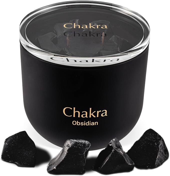 Lemongrass Ginger Chakra Crystal Candle with 6 Obsidian Crystals Inside, 2 Wood Wick Crackling Candles, 12oz Soy Wax Spiritual Aromatherapy Candle for Meditation, Healing, Yoga, Gift for Women and Men