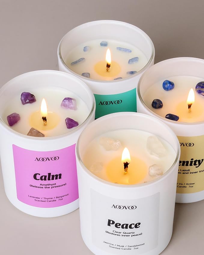 AOOVOO Stress Relief Candles Set for Women - 4 Pack Candles for Home Scented, 28 oz 200 Hour Burn, Aromatherapy Candle with Crystals, Peace/Tranquility Kyanite/Calm Amethyst/Serenity, Lapis Lazuli