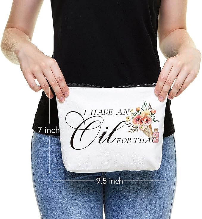 Essential Oil Bag - Essential Oil Storage - Travel Makeup Bag - Aromatherapy Travel Case - White - Letter Print - Soft & Durable Canvas - Unisex Adult - 9.5 x 7 Inches