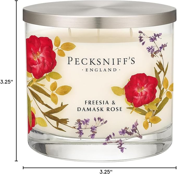 Pecksniff’s 3 Wick Candle – Freesia & Damask Rose, 550 g / 19.4 oz – Long Lasting Burn, Elegant Home Decor & Relaxing Ambiance