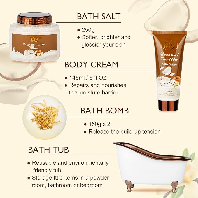 Coconut Vanilla Spa Gifts Bath Kit, 7Pcs Moisturizing Gift Set for Women Men