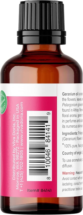 Viva Doria Geranium Essential Oil, 100% Pure, Natural Essential Oil, Undiluted, for Aromatherapy | Food Grade, 30 mL (1 Fluid Ounce)