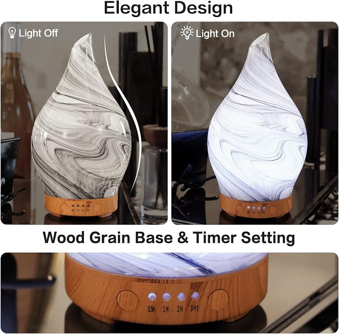 Porseme 150ml Essential Oil Diffuser Hand-Blown Glass Aroma Diffusor, Aromatherapy Unltrasonic Cool Mist deffuser, 7 Color Changing, Waterless Shut-Off, Timer Function for Home Office(Ink)