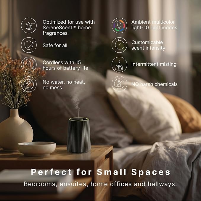 Homedics Waterless Essential Oil Diffuser with 15ml Vanilla Cedarwood Fragrance Oil. SereneScent Cordless Cold Air Scent Diffuser Starter Kit with Ambient Light, Studio 671 (Black)