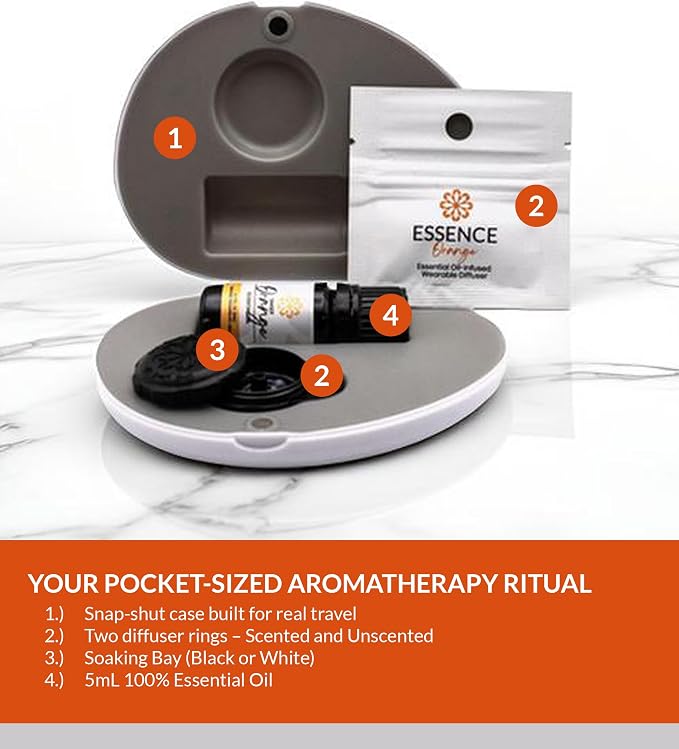 Essence Pearl Travel Case | Orange Essential Oil | Aromatherapy Nasal Diffuser & Essential Oil Carrying Case | Uplifting Citrus Scent | Travel-Friendly Kit | Black Pod