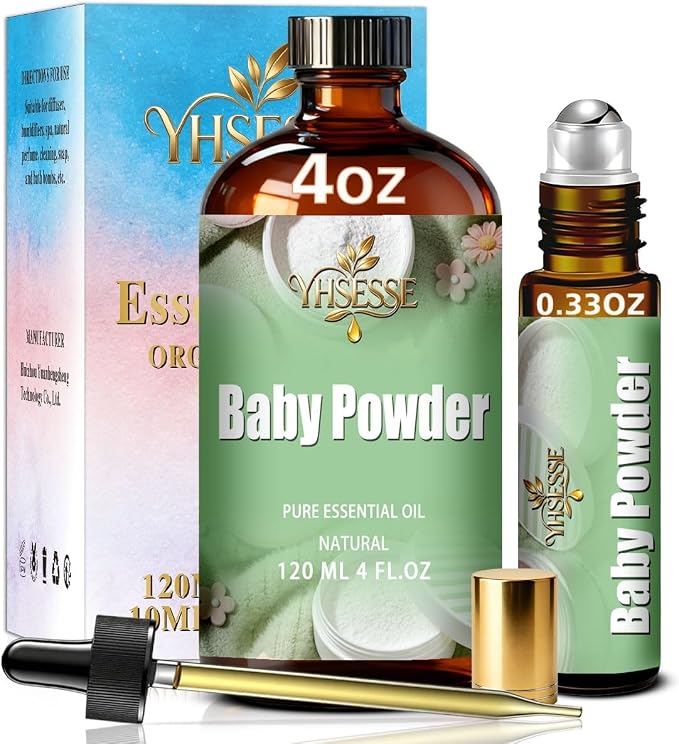 Baby Powder Fragrance Oil, Baby Powder Oil 4 Fl Oz 120ml for Diffuser Yoga Soap & Candle Making – with 0.33 Oz Roller Ball & Dropper YHSESSE Fragrance Oils