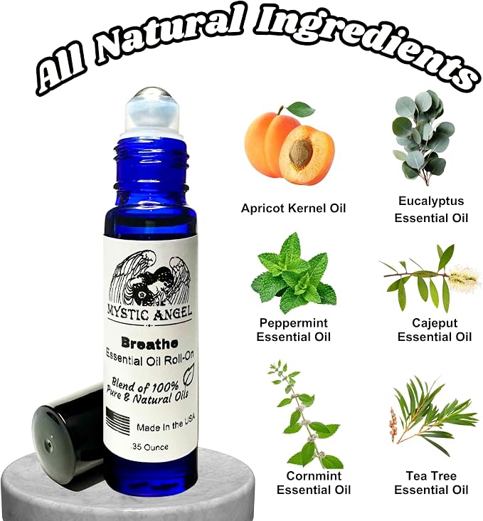 Mystic Angel Breathe Essential Oil Roll-On - Therapeutic Blend of Pure Essential Oils for Sinus & Respiratory Support, Safe for All Skin Types, Made in the USA, .35 Oz.