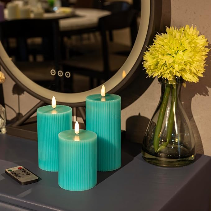 ANGELLOONG Teal Flameless Candles with Remote, Turquoise Battery Operated Candles with Timer, Set of 3 Real Wax Spring LED Fake Ribbed Pillar Candles for Bathroom Wedding Kitchen Living Room Deocr