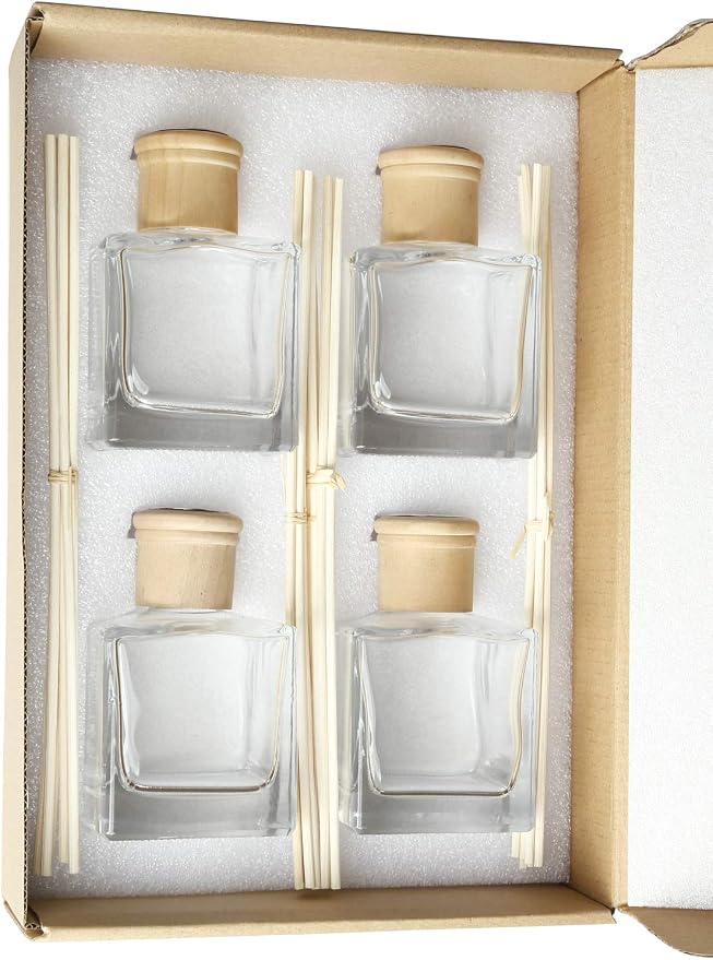 Fragrance Glass Diffuser Bottles Diffuser Jars with caps and Rattan Stick Set of 4 pcs 200ml Fragrance Accessories use for DIY Replacement Reed Diffuser Sets (4pcs per Set)