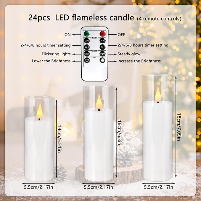 YOROXRG Set of 24 Flickering Flameless Candles Battery Operated with Remote and 2/4/6/8 H Timer Plexiglass Led Pillar Candles with Realistic Moving Wick Candles for Home Decor (D2.2"xH 5"6"7")(White)