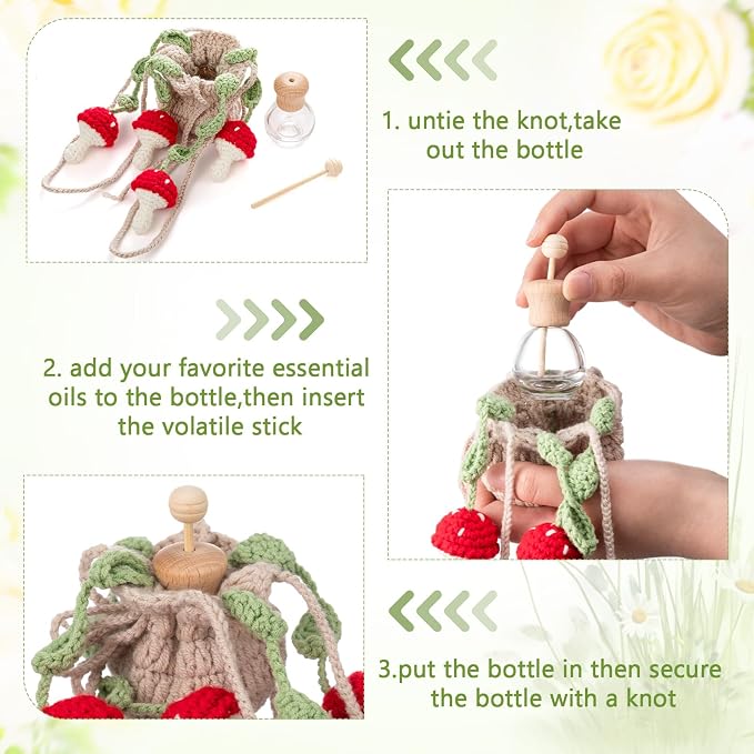 DaisyInner Cute Crochet Plant Car Freshener 12ml Empty Refillable Diffuser Bottle with Plants Hanging Accessories for Ornaments Charms Rearview Mirror Home Office Decor Women Gifts(Mushroom)