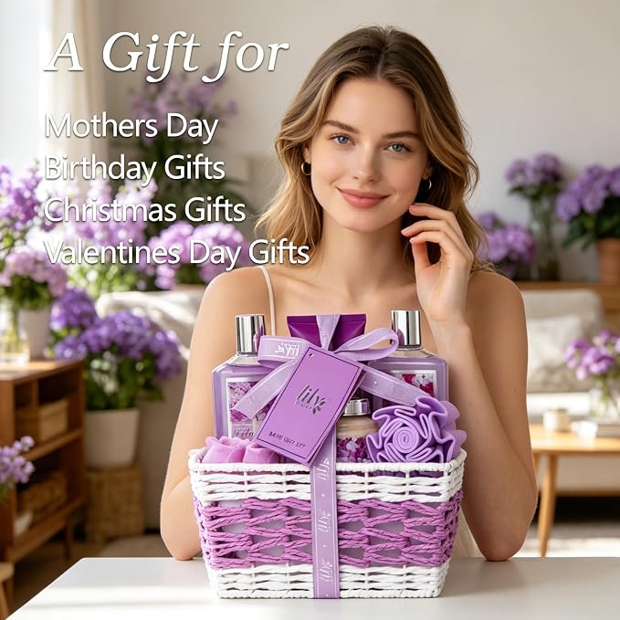 Gifts for Women, Birthday Gifts, 9 Pcs Lavender Spa Gift Baskets for Women - Bath and Body Gift Basket | Gift for Her Christmas, Mothers Day, Valentines Day, Perfect Gift for Mom All Occasion