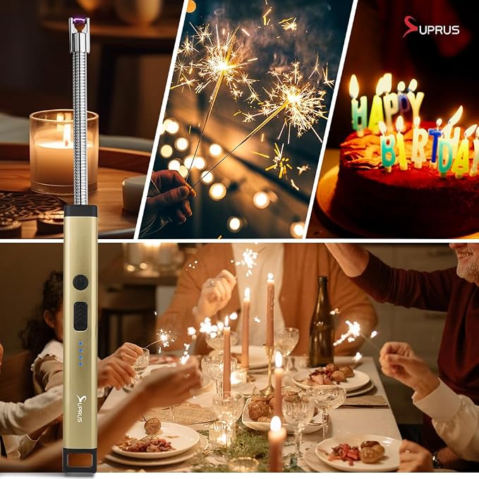 SUPRUS Rechargeable Candle Lighter Electric Arc Triple Safety Long Lighter Stainless Steel Shell & Hanging Hook (Champagne Gold)
