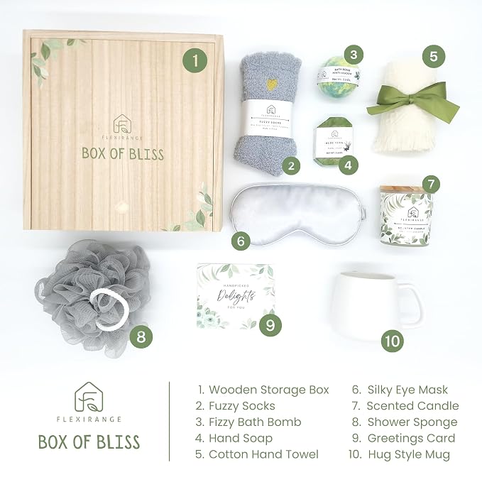 Birthday Gifts for Woman, Get Well Soon Gift Baskets for Women, Relaxing gifts for Women, Self Care Gifts, Spa kit for Woman, Wooden Box, Green Gifts for Wife, Girlfriend