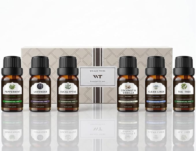 WEALD TRIBE Essential Oils Set for Diffusers, Aromatherapy, Air Freshener, Home Fragrance, Candle Making Scents Gift Set 6x10ml(PEPPERMINT | LAVENDER | TEA TREE | EUCALYPTUS |COCONUT & VANILLA |LINEN)