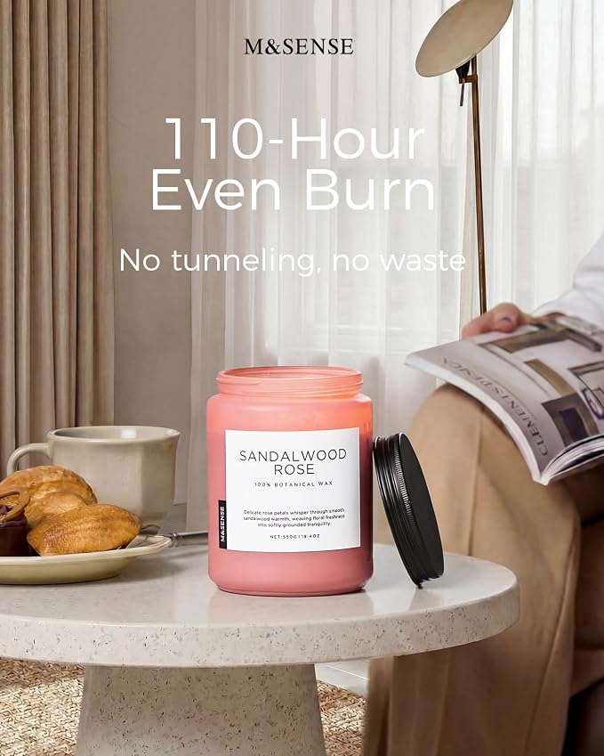 M&SENSE Sandalwood Rose Scented Candle 19.4oz 110 Hours Long Lasting Burn Natural Soy Wax Strong Scented Candle for Home, 2 Wick Home Fragrance Slow Burning Housewarming Gifts for Men Women