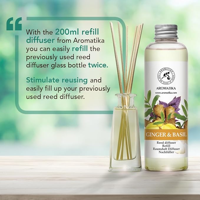Reed Diffuser Refill Ginger & Basil 6.8 Fl Oz - Aroma Diffuser with Essential Ginger Oil - Fragrance Diffuser - Spicy and Fresh Fragrance - Natural Fragrance - Aromatherapy - Air Freshener