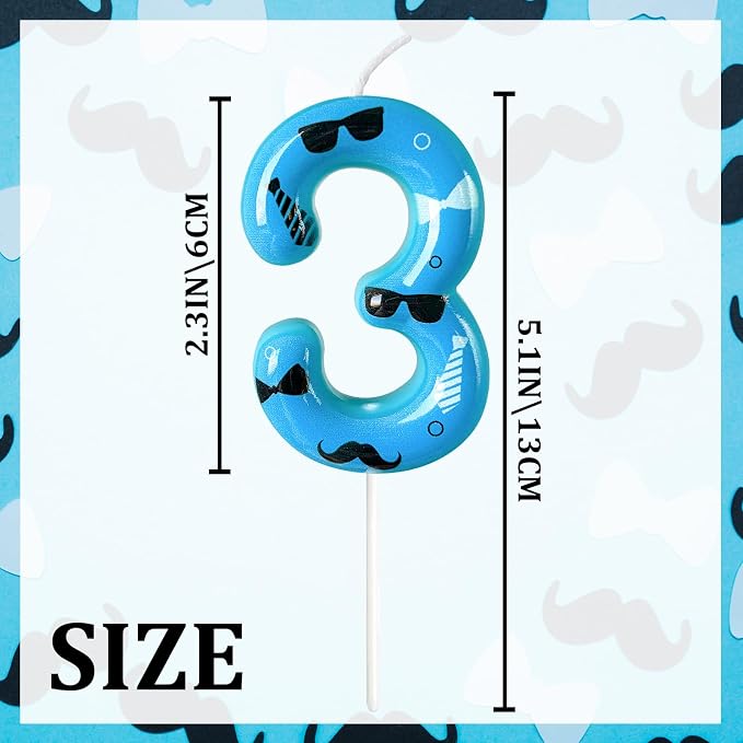 Number 3 Birthday Candle for Cake – Blue Gentleman Style with Sunglasses, Bow Tie & Mustache Design – Cool Cake Topper for Birthday Party Decoration