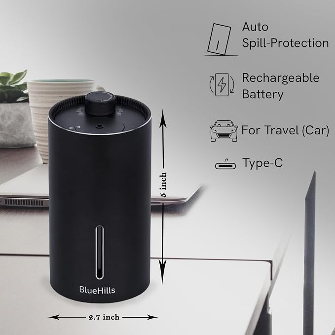 BlueHills Waterless Essential Oil Diffuser, Cordless Compact Battery-Operated Aromatherapy Mini Diffuser for Home Car Office Hotel Travel – J08 Black