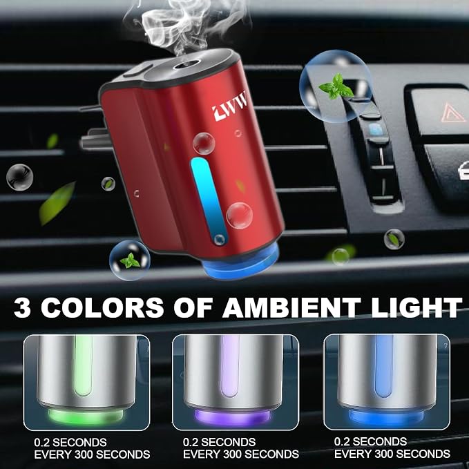 LWW Smart Car Air Freshener - 3 Levels Strength with Ventilation Clip, Rechargeable Car Fragrance Atomizer - with 8 10ml Bottles of Fragrance, Long Lasting Oil Diffuser (Red)