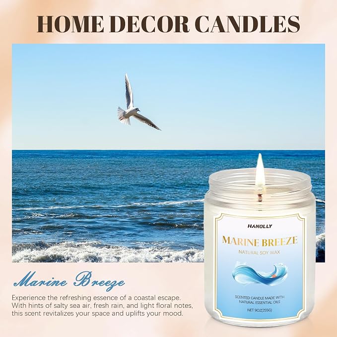 Marine Breeze Candle, 9 oz Scented Candles for Home Soy Candle Wax, Aromatherapy Candles for Women Men, Birthday Christmas Gifts, Perfect for Creating a Calming Ambiance