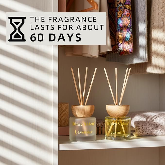 Reed Diffuser Set, Binca Vidou Lavender & Jasmine Natural Scent Oil Diffusers with Sticks for Home Office Bathroom Aromatherapy Decor 3.38oz x 2