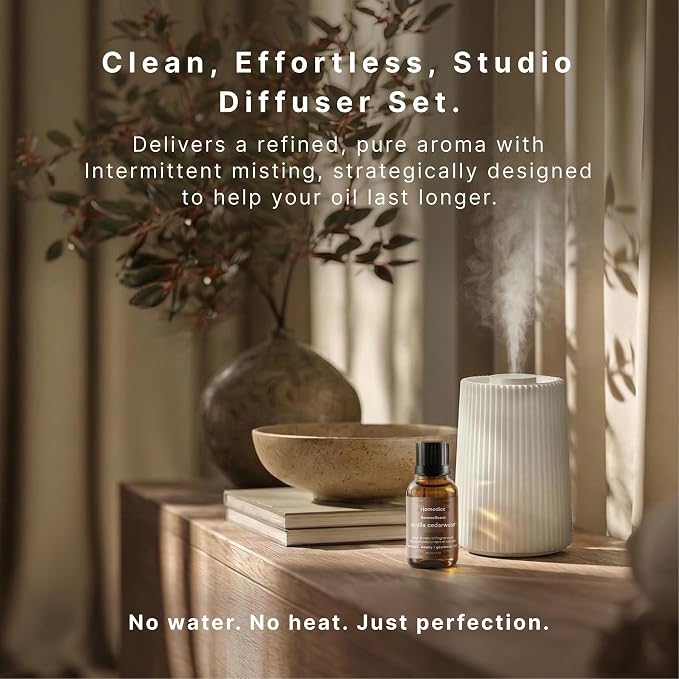 Homedics Waterless Essential Oil Diffuser with 15ml Vanilla Cedarwood Fragrance Oil. SereneScent Cordless Cold Air Scent Diffuser Starter Kit with Ambient Light, Studio 671 (White)