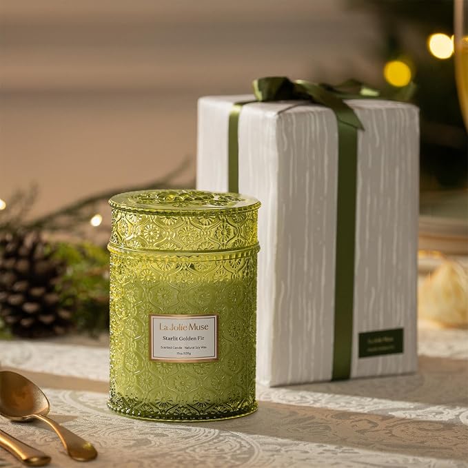 LA JOLIE MUSE Starlit Fir Pine Scented Candle for Home | Balsam & Cedarwood | Christmas Winter Holiday | 19 oz Non Toxic Natural Soy | Large Green Jar Candle | Luxury Gifts | Wood Wick