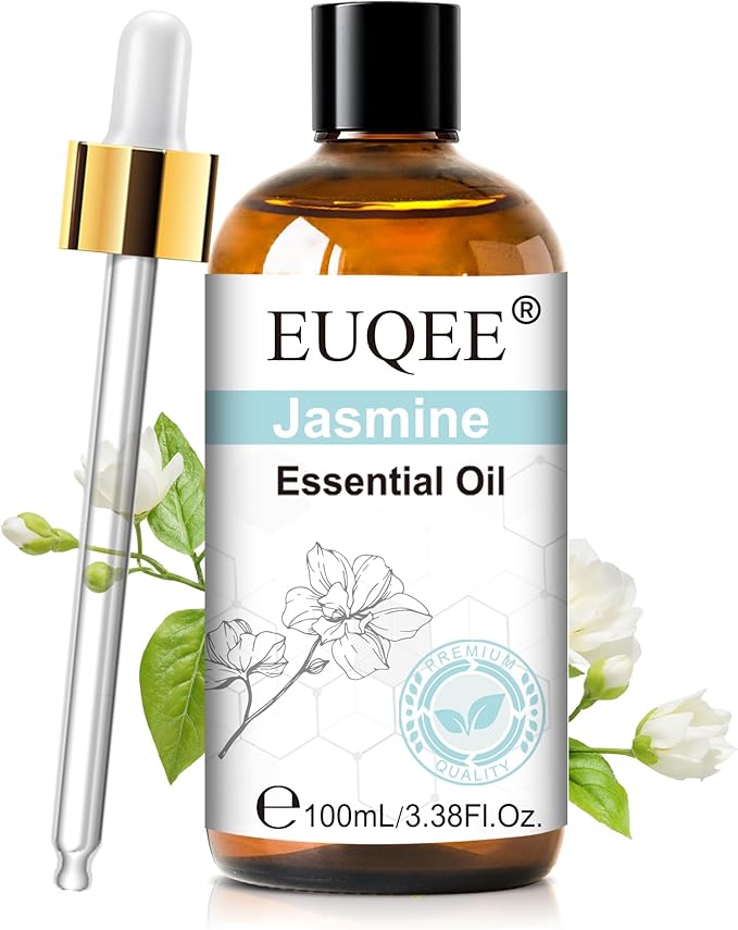 EUQEE 100ml Jasmine Essential Oil, Pure Jasmine Essential Oil for Diffuser, Massage, DIY Soap,Candle Making, Skin & Hair Care - 3.38 Fl Oz