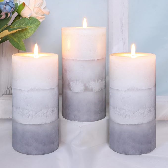 Set of 3 Scented Candles 3" x 6" Creamy Coconut Scented Hand Poured Grey White Pillar Candles Long Burning Smokeless Cotton Wick Candles Gift Set for Spa Wedding Home Decorations