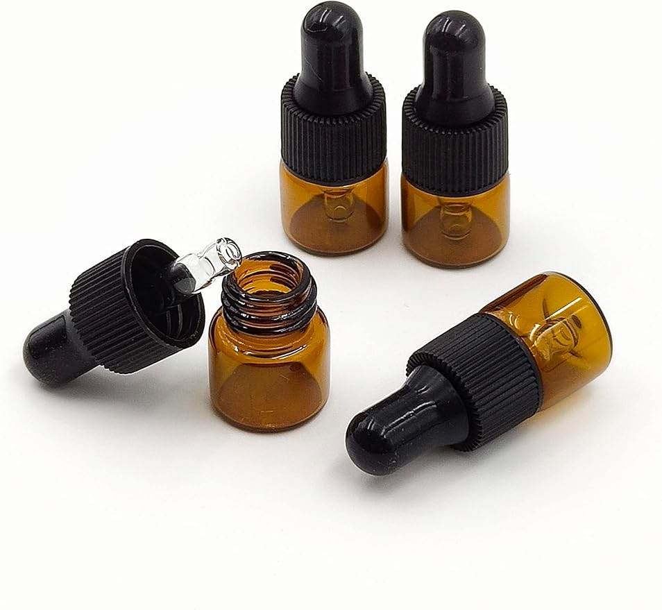 15Pcs 1ml Empty Tiny Amber Glass Mini Dropper Bottles for Essential Oils, Fragrances, and Other Liquids, with Dropper and Black Caps Travel Sample Vials