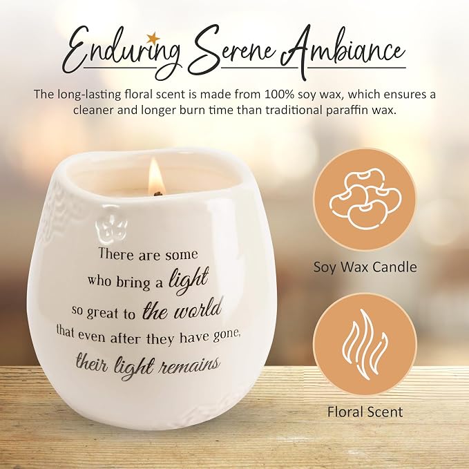 Pavilion Gift Company - 'In Memory, Light Remains' 19176 - White Ceramic Candle with Soy Wax in a Delicate Jasmine Scent, Thoughtful Sympathy, Remembrance, and Condolence Gift - 8 Ounces