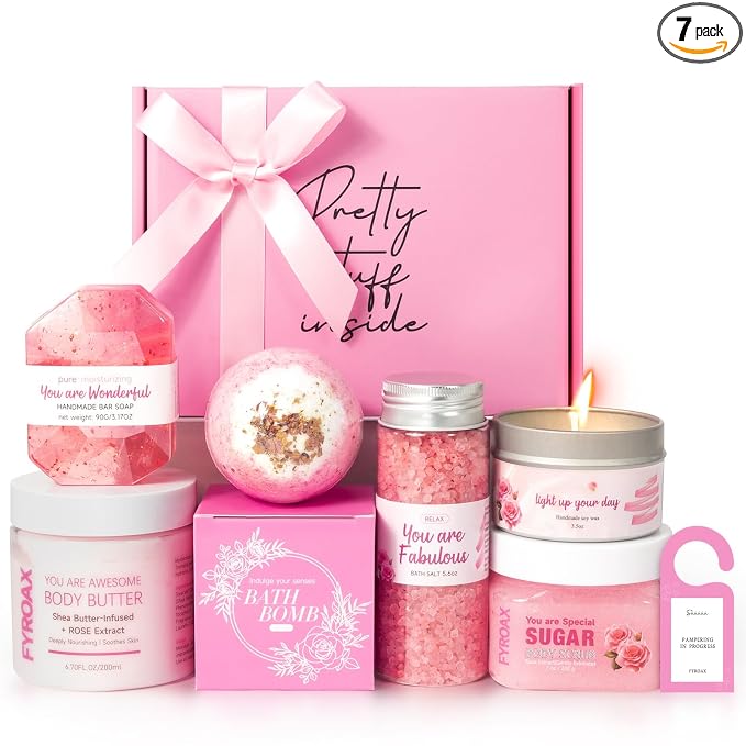 Spa Gifts for Women 7 Pcs Home Spa Kit Rose Gifts for Woman,Spa Gift Baskets Self Care Gifts Spa Gift for Women Birthday,Mothers Day Basket Easter Christmas Bath Set
