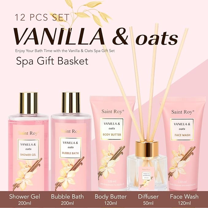 Bath & Body Gift Basket, Self-Care Relaxation Set Vanilla Oat for Women | 16Pcs Pink Gifts Basket for Women Enriched essential oil, Home Spa Body Oil, Diffuser, Shower spa kit Mom Pampering Kit