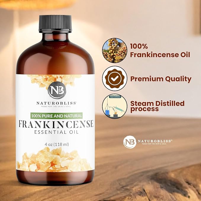 NaturoBliss 100% Pure Frankincense Essential Oil Therapeutic Grade Premium Quality (4 fl. oz) with Glass Dropper, Perfect for Aromatherapy