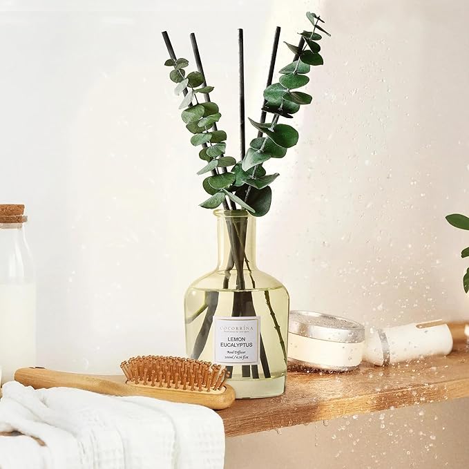 COCORRÍNA Lemon Eucalyptus Reed Diffuser – 6.76 oz Essential Oil with 8 Reeds & Real Eucalyptus Sticks, Home Fragrance for Bedroom or Bathroom Décor