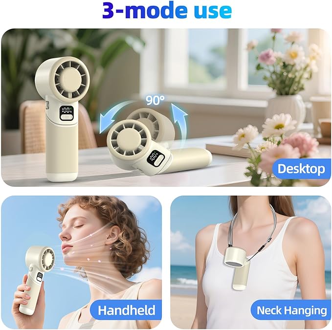 Portable Handheld Turbo Fan, 4000mAh Rechargeable Mini Personal Fan, 5 Speeds, USB-C 90° Adjustable Desk Fan, Aroma Diffuser, Up to 12H Cooling for Travel, Office, Makeup, Beach, Cream Beige