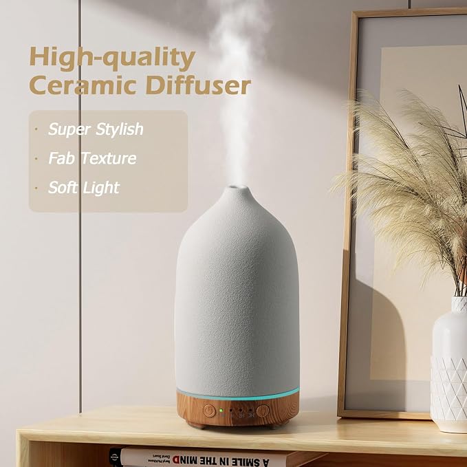 Diffuserlove Ceramic Essential Oil Diffuser 160ML Aromatherapy Diffuser for Home Bedroom Room Cool Mist Humidifier Stone Air Diffusers with Yellow Wood Pattern Base (Size:6.8" H x 3.6" W)