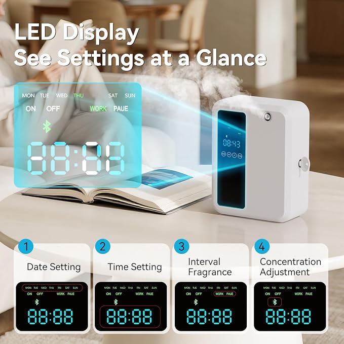 Hotel Scent Diffuser for Large Room, 500ml Smart Waterless Oil Diffuser, Whole House Air Fragrance Machine with LED Display, White