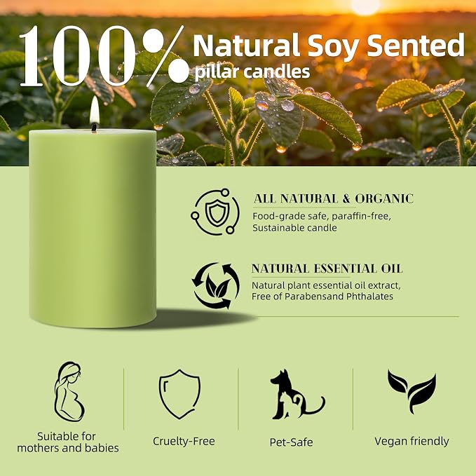 4 Pack Sage & White Tea Scented Pillar Candles-2.8x4 Inch Sage Green Soy Wax Candles-240 Hour Long Lasting Burning,Spring Aromatherapy, Non-Toxic & Smokeless for Home Decor, Dinner,Stress Relief&Gift